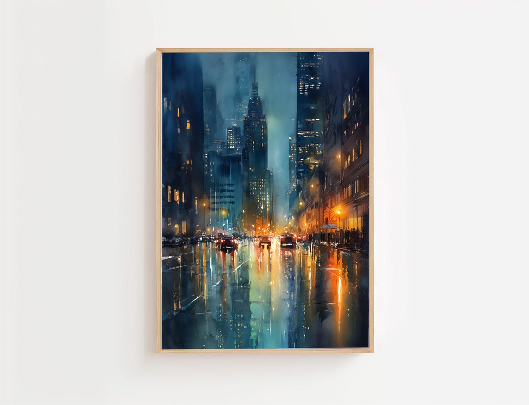 Poster New York City at Night Rainy Reflections Watercolor Poster Print ...