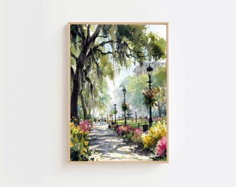 Forsyth Park Savannah Watercolor Print – Airy Spanish Moss, Blooming Pathway, Romantic Southern Landscape Art