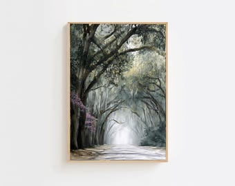 Savannah Oaks Watercolor Print – Spanish Moss Tree Tunnel, Southern Landscape