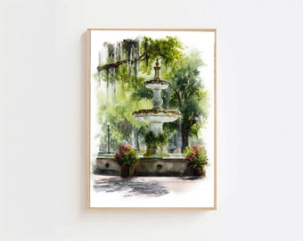 Savannah GA Forsyth Park Fountain Watercolor Art Print – Southern Charm