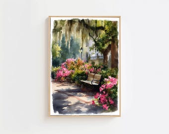 Savannah Garden Bench Watercolor Print, Forsyth Park Azaleas Southern Landscape Art Poster