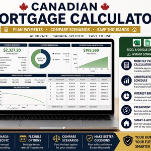 Canadian Mortgage Calculator Spreadsheet | Excel, Google Sheets Home Loan Calculator | Payment, Amortization, Interest | Instant Download