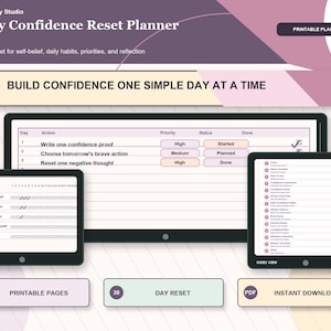 30 dagen vertrouwen reset planner afdrukbaar, zelfvertrouwen werkboek, dagelijkse gewoonte-tracker, reflectiedagboek, persoonlijke groei pdf