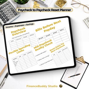 Könnte beinhalten: Ein digitaler Planer mit dem Titel "Paycheck to Paycheck Reset Planner" mit Abschnitten für Einnahmen, Ausgaben und Ersparnisse. Der Planer enthält Bereiche für die Gehaltsabrechnung, flexible Ausgabenlimits und die Rechnungsverfolgung.