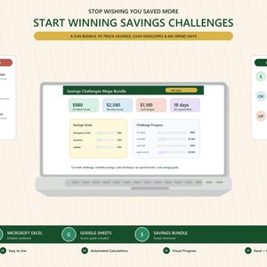 May include: A digital savings challenge tracker displayed on a laptop screen, featuring sections for savings goals, challenge progress, and budget summaries. The interface includes text such as "Savings Challenges Mega Bundle," "The Problem," and "The Solution," with icons for Microsoft Excel and Google Sheets.
