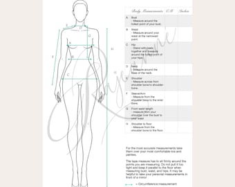 May include: A white instructional chart featuring a black line drawing of a human figure with labeled measurement points A through H. The chart includes a table for recording body measurements in inches and centimeters, along with written instructions.