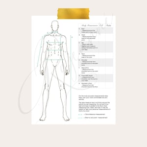 Puede incluir: Un dibujo lineal en blanco y negro de una figura humana sobre un fondo blanco, que ilustra puntos de medición corporal etiquetados de la A a la H. El gráfico incluye instrucciones de texto para medir el busto, la cintura, la cadera y más.