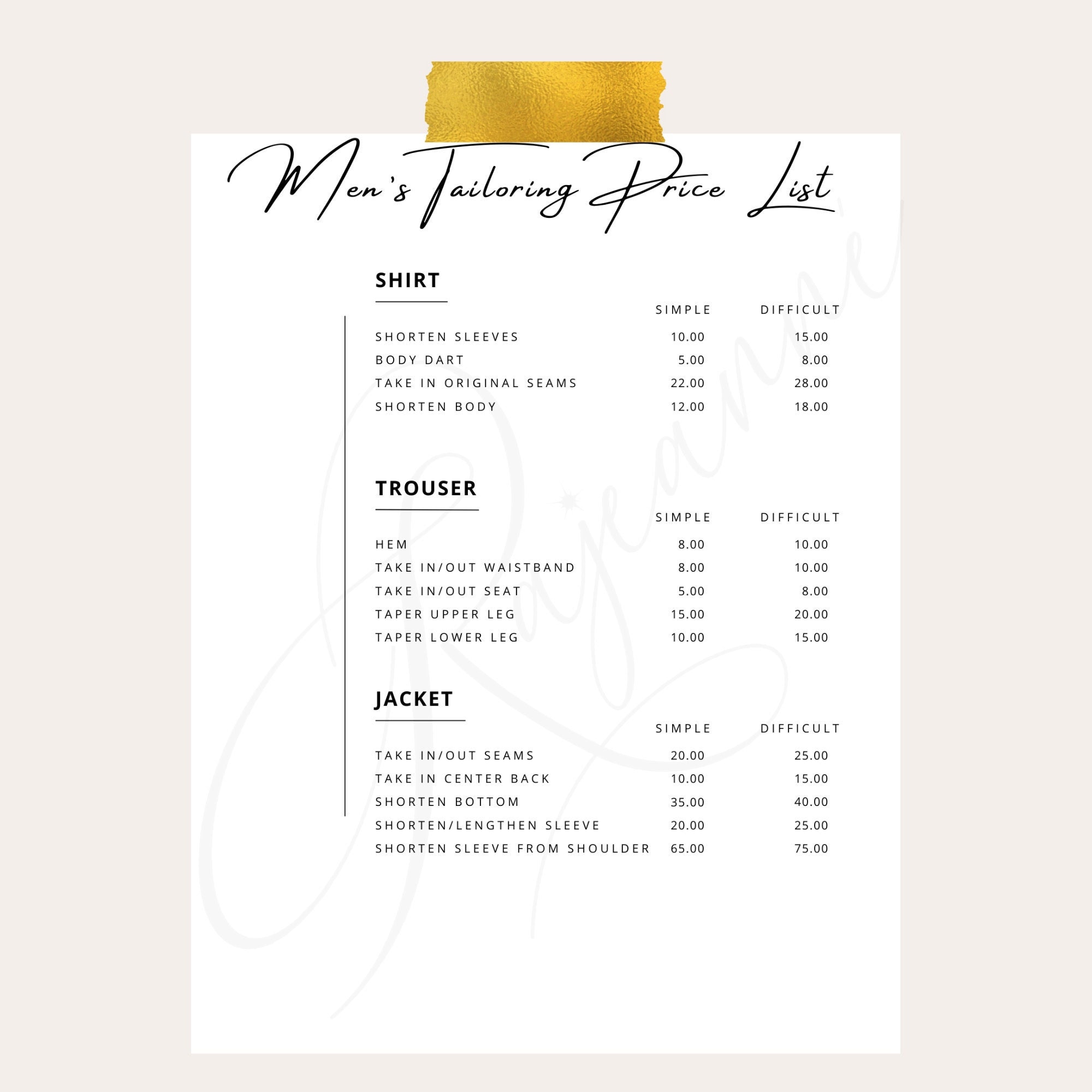 Alteration and Tailoring Price List Alteration Price List Etsy