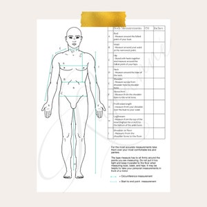 May include: A body measurement chart with a diagram of a person and measurement instructions. The chart includes bust, waist, hip, neck, shoulder, sleeve/arm, front waist length, leg/inseam, and shoulder to floor measurements in inches and centimeters.