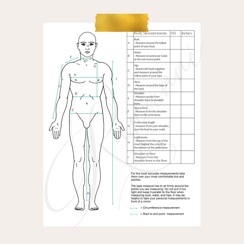 May include: A body measurement chart with a diagram of a person and measurement instructions. The chart includes bust, waist, hip, neck, shoulder, sleeve/arm, front waist length, leg/inseam, and shoulder to floor measurements in inches and centimeters.