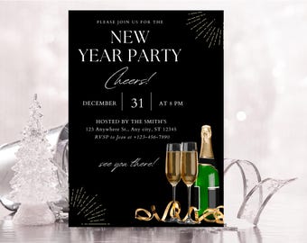 Editable Black & Gold New Year's Eve Party Invitation, Editable Canva Template (Digital Download)