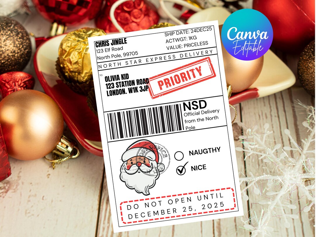 Mail. Tag Pic Editable North Pole Express Mail Tag | Santa Gift Label (canva Template ...