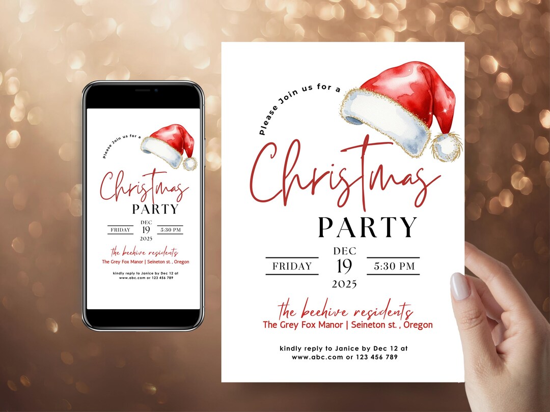 Editable Santa Hat Christmas Party Invitation | Mobile Evite (digital ...