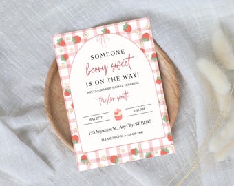 Strawberry Baby Shower Invitation, Printable Berry Sweet Baby Shower Canva Template, Editable Blush Pink Coquette Strawberry Invite