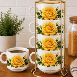 ゴールドの金属製スタンド付き、6オンスのコーヒーマグカップ4個セット、カスタムデザイン、バラ、国、またはペットをテーマにしたカスタムデザイン