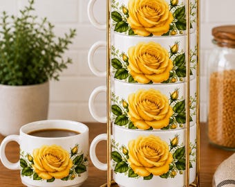Set of 4 Personalized Espresso Cups with Gold Metal Stand, 6 oz Coffee Mug Set, Custom Design, Roses, Countries or Pet Theme