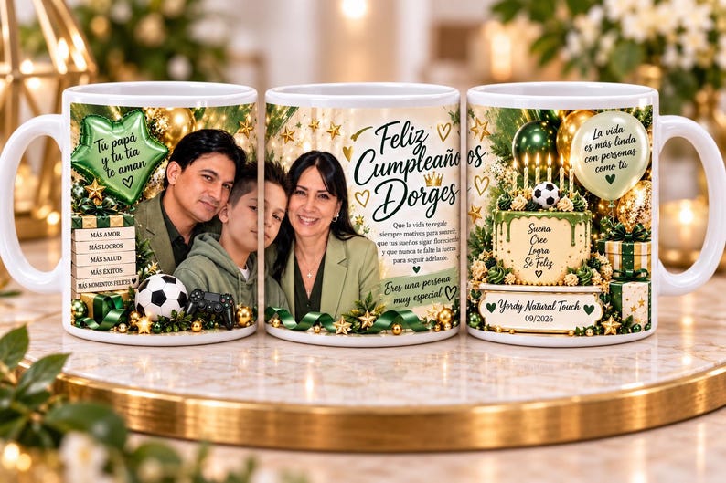 May include: Three white ceramic mugs featuring a personalized birthday design. The mugs display a family photo, a birthday cake with a soccer ball, green balloons, gold stars, and Spanish text including Feliz Cumplea&ntilde;os Dorges.
