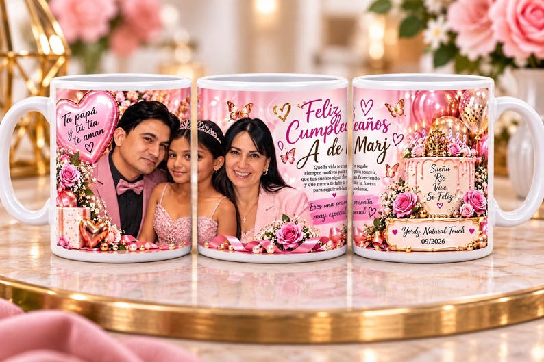 May include: Three white ceramic mugs featuring pink-themed birthday graphics, including photos of a family, a decorated cake, and text in Spanish such as Feliz Cumplea&ntilde;os, Sue&ntilde;a Rie Vive Se Feliz, and T&uacute; pap&aacute; y t&uacute; tia te aman, with floral accents.