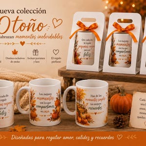 May include: Three white ceramic mugs featuring autumn-themed graphics of orange leaves and pumpkins with Spanish text, displayed alongside three identical mugs in white gift boxes with orange ribbons and a small square card with Spanish text.