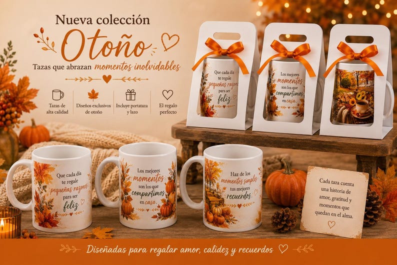 May include: Three white ceramic mugs featuring autumn-themed graphics of orange leaves and pumpkins with Spanish text, displayed alongside three identical mugs in white gift boxes with orange ribbons and a small square card with Spanish text.