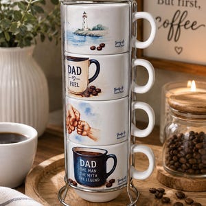 Elegant Stackable Espresso Cup Set with Metal Stand, Set of 4 Ceramic Coffee Cups, Vintage Classic Designs, Father’s Day Gift, Puerto Rico,