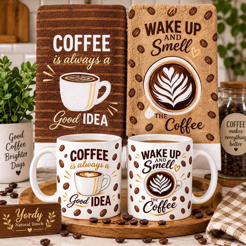 May include: Two white ceramic mugs and two rectangular kitchen towels featuring coffee-themed graphics. One set displays the text 'COFFEE is always a Good IDEA' with a cup illustration, while the other says 'WAKE UP AND SMELL THE Coffee' with latte art.