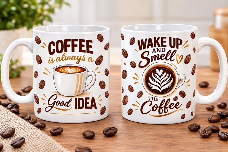 May include: Two white ceramic mugs featuring brown coffee bean patterns. The left mug displays a coffee cup illustration with the text "COFFEE is always a Good IDEA". The right mug shows a latte art illustration with the text "WAKE UP AND SMELL THE Coffee".