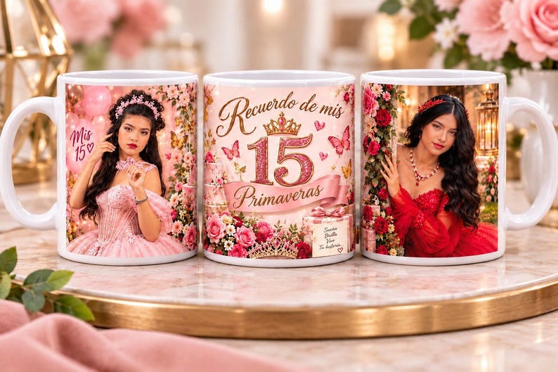 May include: Three white ceramic mugs featuring photographic prints of a young person in formal attire. The center mug displays the text "Recuerdo de mis 15 Primaveras" with a crown graphic, pink floral accents, butterflies, and a gift box illustration.