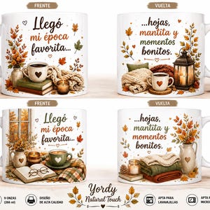 May include: Two white ceramic mugs featuring autumn-themed illustrations. The front displays the text 'Lleg&oacute; mi &eacute;poca favorita...' with a cup, books, and leaves. The back shows '...hojas, mantita y momentos bonitos.' with a lantern and blanket.