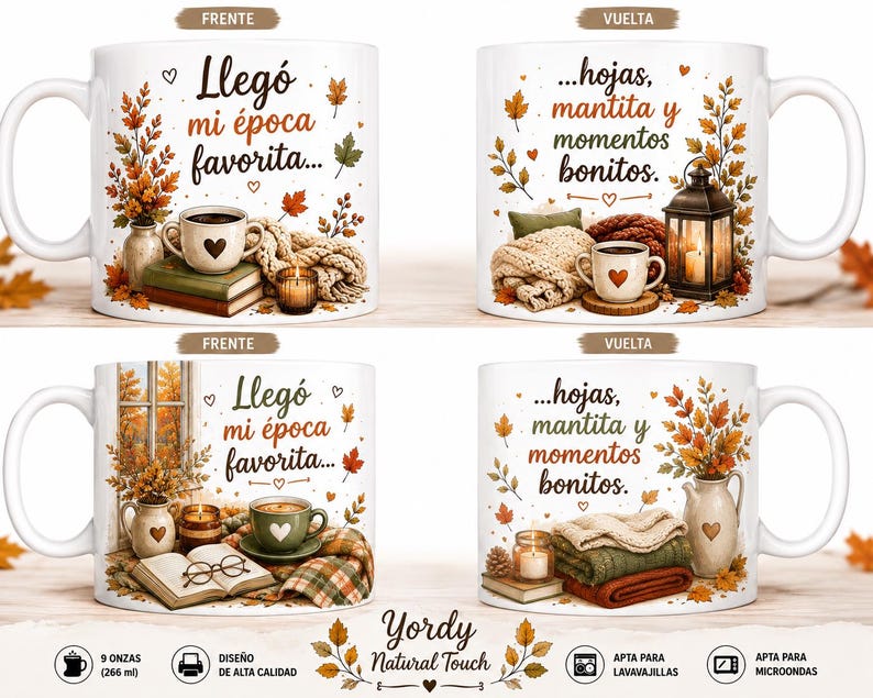May include: Two white ceramic mugs featuring autumn-themed illustrations. The front displays the text 'Lleg&oacute; mi &eacute;poca favorita...' with a cup, books, and leaves. The back shows '...hojas, mantita y momentos bonitos.' with a lantern and blanket.