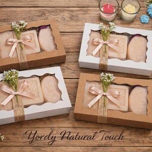 Set of 3 natural goat milk glycerin soaps in a gift box. Artisan crafted, handmade with love.”