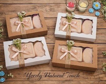 Set of 3 natural goat milk glycerin soaps in a gift box. Artisan crafted, handmade with love.”