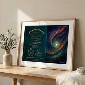 Può includere: Certificato incorniciato di proprietà di una stella con un bordo verde acqua e il testo "A Unique Star". Il lato destro del certificato presenta una nebulosa colorata con una stella brillante al centro. Un vaso con della vegetazione è su un tavolo di legno.