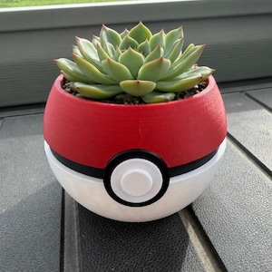 May include: A succulent plant with light green, pointed leaves potted in a spherical container designed to resemble a red, white, and black ball. The container features a central circular button detail on the front, separating the red top and white base.