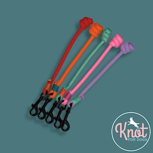 May include: Five brightly coloured dog leads in red, orange, green, pink, and purple. Each lead has a knotted handle and a black metal clip. The leads are arranged diagonally against a teal background. The logo "Knot for Dogs" is in the bottom right corner.