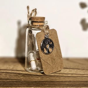 Könnte beinhalten: Kleine Glasflasche mit Korken und Bindfaden. Ein braunes Papieretikett mit einem silbernen Lebensbaum-Anhänger hängt an der Flasche. Die Flasche enthält kleine aufgerollte Schriftrollen.