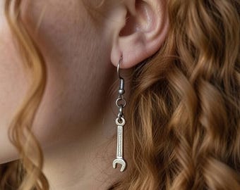 Spanner Wrench Dangle Earrings • Stainless Steel Mechanic Jewelry