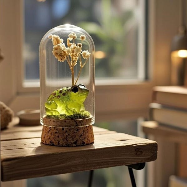 Handmade Resin Frog Terrarium • Glass Cloche Cottagecore Decor