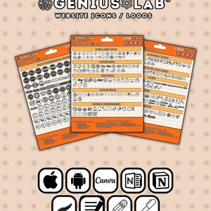 May include: Three orange and white packages of website icons and logos with the text "GENIUS LAB WEBSITE ICONS / LOGOS". Below are black and white app icons for Apple, Android, Canva, and more. The packages contain 1,054 icons.