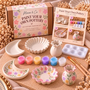 Paint Your Own Pottery Kit (3 Pottery Pieces) | DIY Ceramic Painting, Craft Night Activity | Pottery, Paint, Brushes, & Paint Tray included!