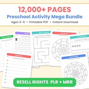 Peut inclure: Un ensemble d'activités préscolaires numériques comprenant plus de 12 000 pages de feuilles de travail PDF imprimables. La collection inclut des exercices de traçage, des labyrinthes, des coloriages et des tâches de comptage.