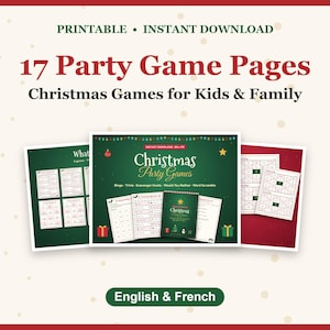 Peut inclure: Un ensemble de 17 pages de jeux de fête de Noël imprimables pour enfants et famille, incluant bingo, trivia, chasses au trésor, tu préfères et mots mêlés. La collection comprend des documents en anglais et en français aux motifs festifs.