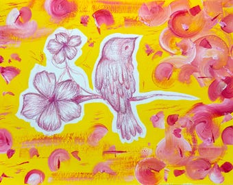Abstract Bird Painting - Pink and Yellow