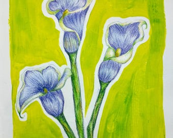 Hand-Drawn Blue Floral Painting, Green Acrylic Background
