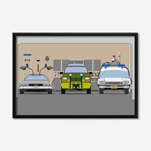 Garage inspired by Back to the Future, Jurassic Park, and Ghostbusters