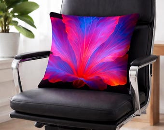 Vibrant Floral Throw Pillow | Red Purple Artistic Bloom Cushion | Floral Workspace Decor
