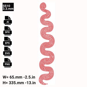 May include: A red rhinestone snake design composed of SS10 3.3mm stones. The digital file includes AI, DFX, EPS, SVG, and PNG formats. The dimensions are 65mm by 335mm, which is equivalent to 2.5 inches by 13 inches. The snake has a winding shape.