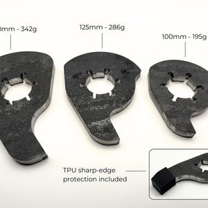 May include: Three dark grey metal tools of varying sizes and weights: 150mm - 342g, 125mm - 286g, and 100mm - 195g. Each tool features a central circular opening and a curved shape. The image includes a close-up showing TPU sharp-edge protection.