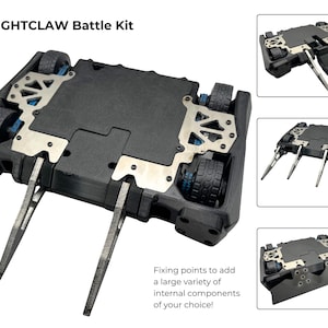 May include: The NIGHTCLAW Battle Kit is a black, rectangular robot chassis with four wheels and silver metal accents. The kit includes two angled, pointed metal attachments. The text "Fixing points to add a large variety of internal components of your choice!" is also visible.