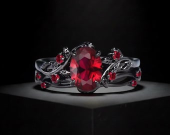 Gothic Vampire Ring with Red Gemstone, Adjustable Dark Goth Ring, Punk Vintage Statement Jewelry for Women